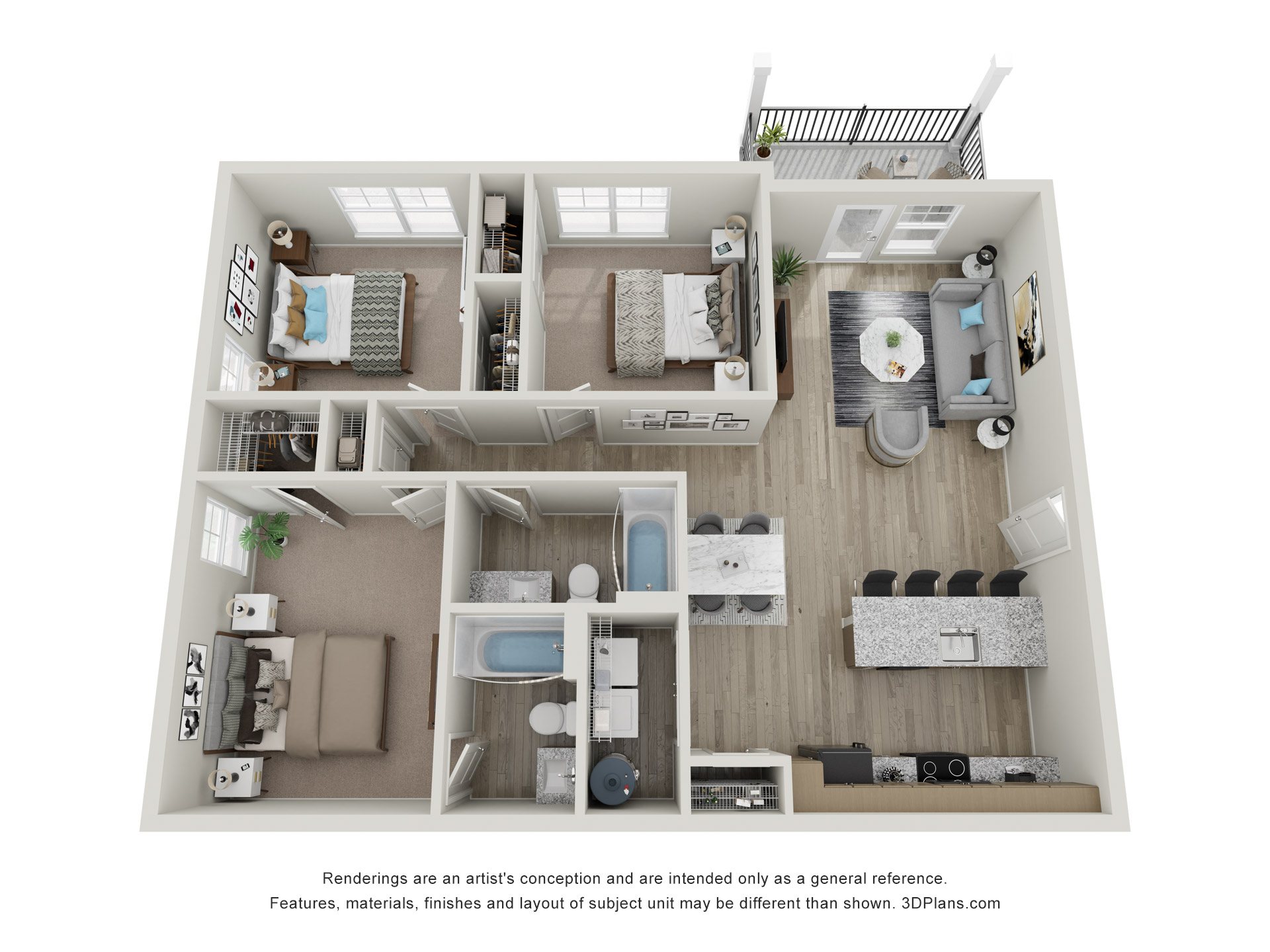 A 3D floor plan of a small apartment with a kitchen, living room, and bathroom.